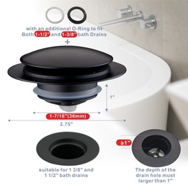 Matte Black Tub Drain Stopper, Hidrop Pop Up Universal Tub Dain Tip Toe Bathtub Drain Stopper, Fit 1.375 to 1.5 Inches, Replaces Lift and Turn, Tip-Toe and Trip Lever Drains for Tub, EZ Installation
