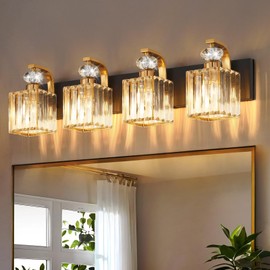 Modern Bathroom Vanity Light, 4-Light Black Gold Bathroom Lighting Fixtures Over Mirror, 28.4" Crystal Wall Light Sconce for Bathroom/Bedroom/Vanity, Includes LED Bulbs, Easy Installation