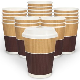 JarThenaAMCS 100Pcs Brown White Disposable Coffee Cups with Lids 12oz Paper Cups Corrugated Ripple Wall Insulated Hot Cups for Home Office Party Supplies