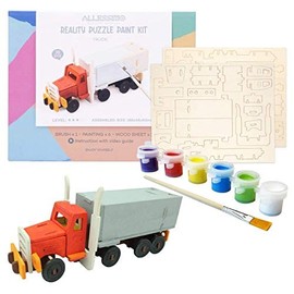 Allessimo - Create + Paint Truck 3D Puzzles for Kids, Girls and Boys Ages 7 8 9 10 11 12 Year Old. Includes Wooden Model Kit, Brush and Paint Supplies. Cool Stem Gift for Kids and Teenage Art Projects