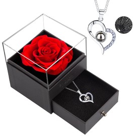 MOKOQI Preserved Rose Flower Gifts for Women Red Real Rose with Heart Necklace Eternal Flowers Rose Gifts for Mom Wife on Mothers Day Birthday