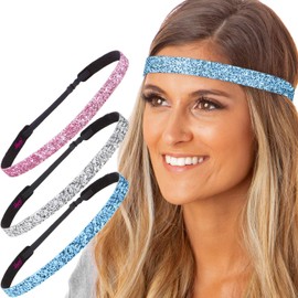 Hipsy Regular Size, Adjustable No Slip Sparkly Bling Glitter Skinny 3pk Headbands for Women Girls & Teens (Skinny Light Blue/Silver/Light Pink)