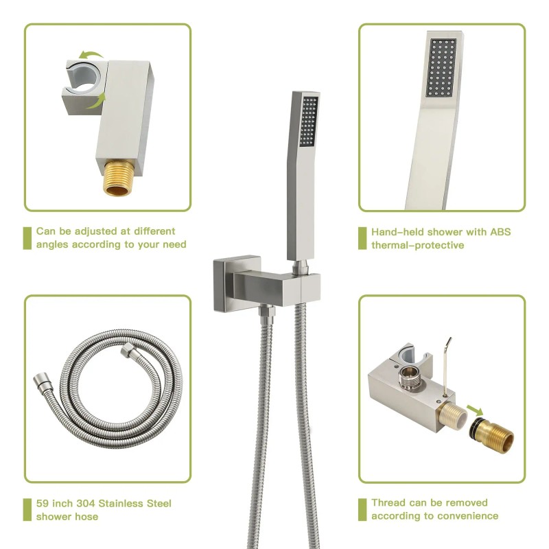Brushed Nickel 12-Inch Ceiling Mount Square Shower System Waterfall Tub