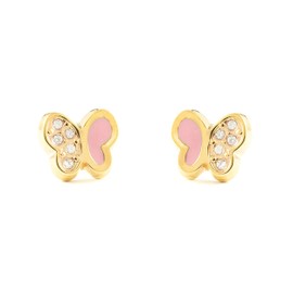 Women's & Children's Pink Butterfly Stud Earrings - Yellow Gold 9 Carat (375) - Gift Box, Sterling Silver, No Gemstone