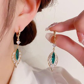 Green Dangle Earrings for Women Crystal Teardrop Earrings Dangling Gold Gemstone Huggie Hoop Earrings Dainty Jewelry Gifts for Women