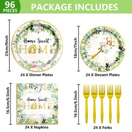 96PCS House Warming Party Decorations Home Sweet Home Party Tableware Set Rustic Floral Paper Plates Housewarming Plates Napkins Dinnerware for Welcome New House Wedding Party Supplies, Serves 24