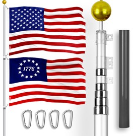 G128 Combo Pack: 20 Ft Telescoping Aluminum Flagpole (Silver) & American and Betsy Ross 1776 Flags 3x5 Ft, Both ToughWeave Series Embroidered Polyester | Pole with Flags Included
