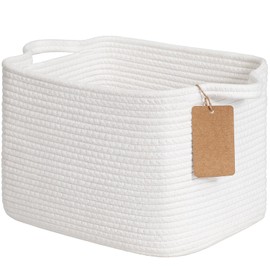Woven Storage Basket, Cotton Rope Basket for Shelves Closet Organizer, Square Shelf Basket for Toys, Books, Shoes, Decorative Empty Gift Basket for Home Bathroom Decor, 33x25x22.5cm, White