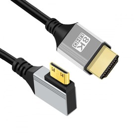 CY 90 Degree Right Angled Mini HDMI 2.1 Ultra Thin HDTV Cable 8K 4K Hyper Super Flexible Slim Cord Type-A to Type-C for Camera HDTV 50cm