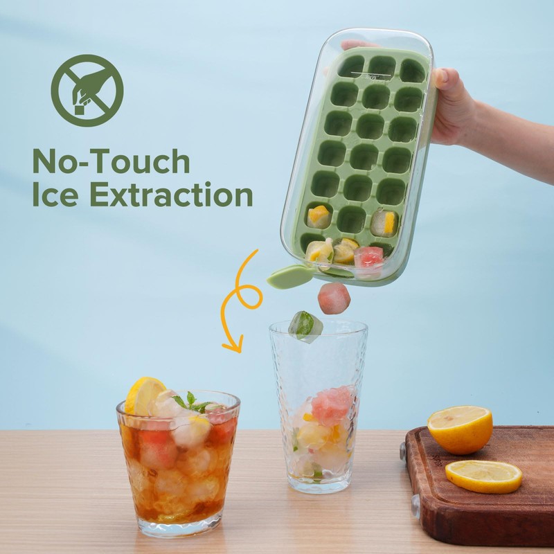Ice Cube Tray with Lid and Bin 21 Pcs Quick-Fill
