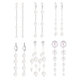 MILACOLATO 6 Pairs Long Pearl Earrings for Women 14K Gold Plated Tassel Pearl Drop Dangle Earrings Silver Gold Threader Pearl Dangle Earrings Jewellery for Bridal Wedding 6S