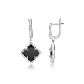 Black Onyx Four Petal Flower Dangle Earrings for Women with Cubic Zirconia in 925 Sterling Silver by Lavari Jewelers