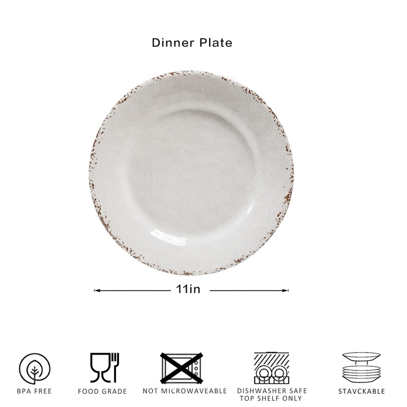 ZAROCRUS Classic Vintage White Melamine Dinner Plate Set, 11-inch Lightweight