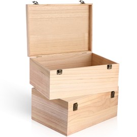 Wesiti 2 Pcs Unfinished Wooden Box 14 x 10 x 6.5 Inch Treasure Chest Craft Box with Hinged Lid Rustic Large Paint Box Stash Crate for Storage Carving DIY Gift