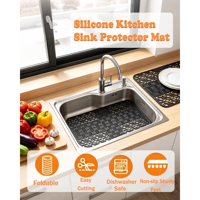 POPUBBY Silicone Kitchen Sink Protector Mat, 26"X 14"