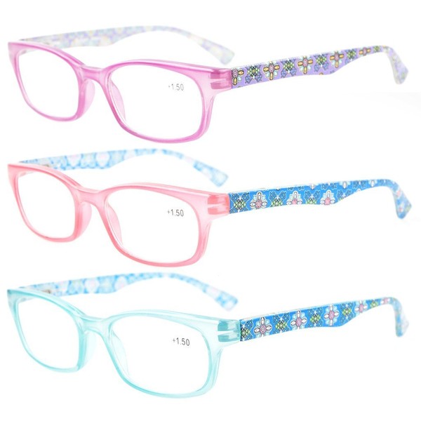 Eyekepper gafas de lectura, 3 Unidades de purpura, color de rosa, azul cristalina armas Style Look Clear Vision comodidad de primavera incluya la caja del pano +3.0