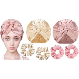 YBVABE Satin Bonnet and Scrunchies Set - Multipurpose Hair Cap and Shower Cap - 6Pack Silk Satin Accessories for Hair Protection and Style Preservation - Haircare Accessories for Women (Rose gold & Champagne gold)