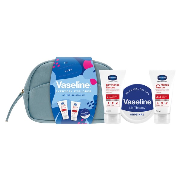 Vaseline On-The-Go Beauty Bag Gift Set with 2 anti-bac hand creams and a lip balm for moisturised lips and hands 3 piece