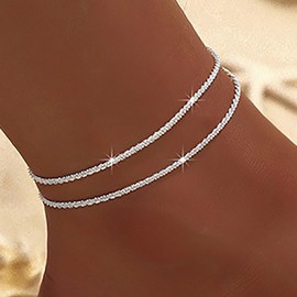 Ankle Bracelets for Women Gold Silver Layered Glitter Anklet for Women Waterproof Beach Cross Anklet Set Dainty Summer Foot Jewelry (Silver Layered Anklet)