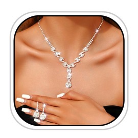 JEAIRTS Rhinestone Bridal Wedding Jewelry Set Silver Bling Crystal Necklace Earring Sets Elegant Costume Prom Jewelry Sets for Women