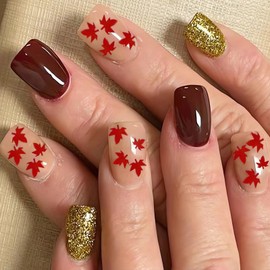 Short Fall Press on Nails Square Shape Fake Nails Glossy Acrylic Glue on Nails Red Maple Leaf Glitter Designs Gel Nails Press ons Cute Stick on Nails for Women Manicure Tips Decorations 24Pcs