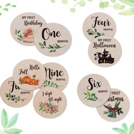 Monthly Baby Milestone Cards Wooden Milestone Discs, 10Pcs Double Sided Wooden Baby Monthly Milestone Cards, Baby Monthly Milestone Cards Sign Wooden Monthly Milestone Cards Baby Milestone Cards Discs
