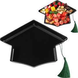 Tellingyou 2025 Graduation Plastic Cap for Charcuterie 13'' Fillable Trays with Tassel Disposable Plastic Mache Box Candy Tray Container for College Graduation Party Supplies(Black Cap, Green Tassel)