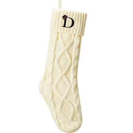 Senneny Knitted Christmas Stockings with Initials, Ivory White Monogram Xmas Stockings Large, Decorations for Family Christmas Holiday Party, Letter D