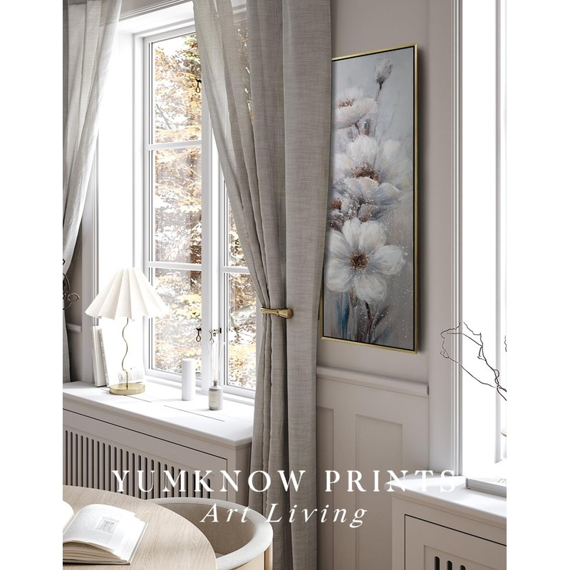 Modern White Flower Framed Canvas Wall Art, 13.5x40 Long Narrow