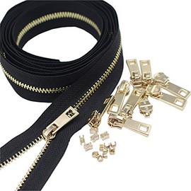 MebuZip #3 Upholstery Zipper Tape Black Zippers 5 Yards with 10pcs Light Gold Zipper Pulls for Sewing Tailor Crafts
