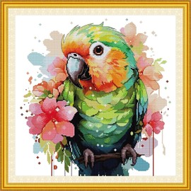 CROSSDECOR - Kit de punto de cruz estampado, gama completa de agujas para adultos principiantes patrón de loro, para regalo y decoración del hogar, 14 quilates, 2 hebras 16.9 x 16.9 pulgadas