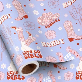 RUSPEPA Retro Cowgirl Wrapping Paper Roll, Mini Roll, Light Purple Boots, Horseshoes, Flowers, Wild West Design Gift Wrap Paper for Birthday, Cowgirl Event, Western Celebration, 17 Inches x 16.4 Feet