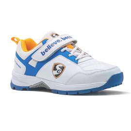 SG Century 6.0 Rubber Spikes Cricket Shoes, White/Royal Blue/Orange, 8 UK