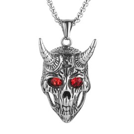 HZMAN Skull Necklace for Men Stainless Steel Gothic Devil Goat's Horn Demon Satan Baphomet Skull Pendant Jewelry Gift
