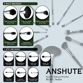 Anshute 12-Piece Professional Natural Goat Hair Makeup Brush Set with Travel-Ready Makeup Brush Organizer - 5 Face & 7 Eye Brushes. Super Soft Bristles, Variety of Brushes. Labled Brush Handle