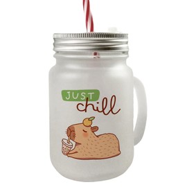 Capybara with Bubble Tea Mason Jar Handle Drinking Glass with Lid with Saying Just Chill Relax Kawaii Capybara Enjoyment for Happy Moments on the Stove or in Summer Relaxation