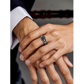 U7 Stainless Steel Skull Ring Size 7 for Men, Silver Black Gothic Skeleton Band Ring Statement Signet Ring with Black Onyx Stone, Fashion Jewelry Gift for Dad Husband, Size 10