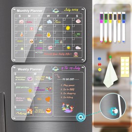 Pahdecor Magnetic Acrylic Monthly and Weekly Calendar for Fridge - 2Pcs Fridge Calendar with to-Do List 12x16inch Reusable DIY Dry Erase Planner Board 6 Magnetic Pen Holder and Erase Towel
