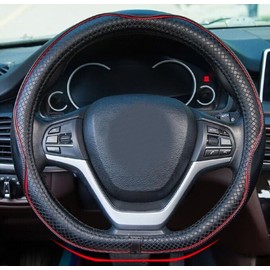 ISTN Microfiber leather D Shaped Flat Bottom Steering Wheel Covers Breathable Non-slip (Black Red)