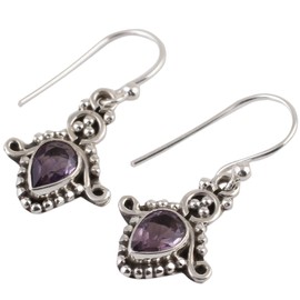 NOVICA Artisan Amethyst Dangle Earrings and Sterling Silver Teardrop from India Purple Birthstone [1.2 in L x 0.6 in W x 0.2 in D] ' Dotted Delight'