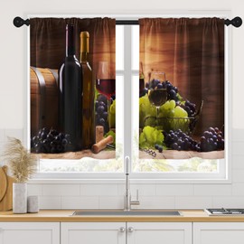Tayney Red Wine Kitchen Curtains 36 Inch Length Vintage Window Short Tier Curtains Over Sink Set of 2, Grapes Glasses Farmhouse Small Kitchen Decor 26x36 Inch