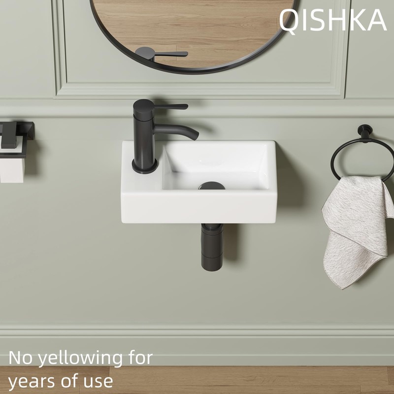 Small Wall Mounted Bathroom Sink, QISHKA 14.5" x 7" Ceramic