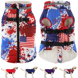 Dogcheer American Flag Jacket with Harness - Adjustable Waterproof Dog Coat, Fleece Jacket Snowsuit for Small, Medium, Large Dogs - US Flag 3XL
