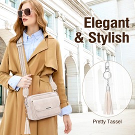 NEWIROVE Crossbody Bag Women's Leather Shoulder Bag Women's Medium Handbag Black with Wide Strap Adjustable Shoulder Bag Women's with Fringes for Shopping Travel Casual, beige