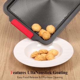 Biubumtu Baking Sheet with Circle Grooves, 1-Piece 16x11in Nonstick Cookie Sheets for Baking & Roasting, Baking Pans with Red Grips, PFAS/PTFE Free,Gray