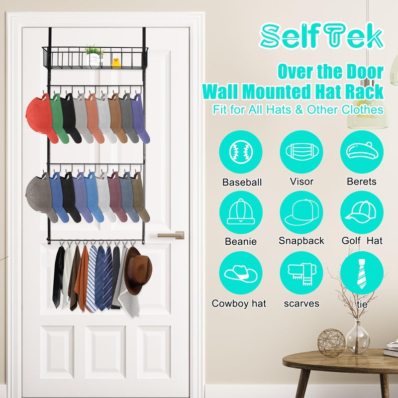 SelfTek Over the Door Hat Rack, Hat Storage Organizer for