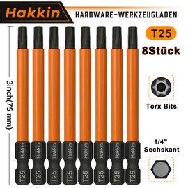 Hakkin 8-Piece T25 Torx Screwdriver Bits Set, 75 mm Long 1/4 Inch Magnetic Screwdriver, S2 Steel Impact Wrench, Drill Bit Set for T-Profile Screws, Hammer Drill, Cordless Screwdriver