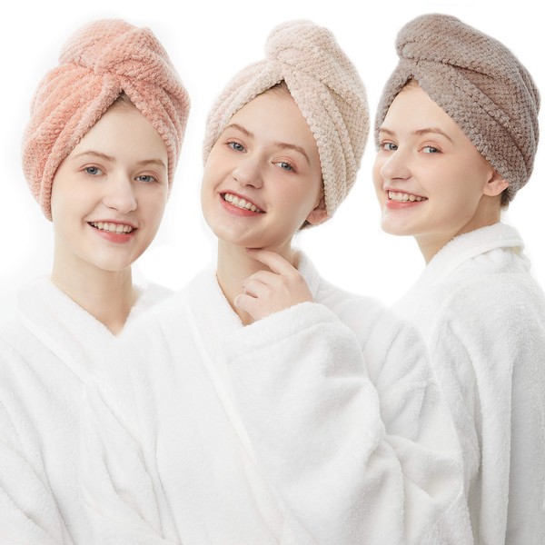 ELLEWIN Hair Towel Wrap 3 Pack, Microfiber Hair Drying Turban Towel for Women Kids Girls, Quick Dry Hair Towels for Curly Long Thick Hair, Head Towel Wrap Anti Frizz
