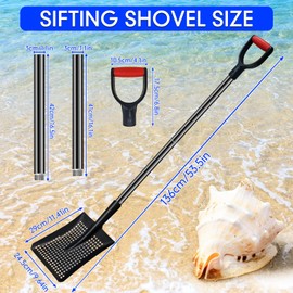 pdpdoc Sifting Shovel, Heavy Duty Metal Sand Sifter for The Beach, 53.5" Long Sand Sifter Shovel for Beach Fun, Chicken Coop, Farm Goat Stall Sand Poop Cleaning, with Ergonomic D-Grip Handle (Black)