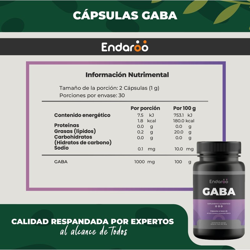 ENDAROO | GABA Suplemento Alimenticio de Ácido Gamma-Aminobutírico | 60